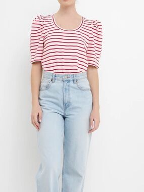 English Factory Stripe Pleated Puff Sleeve Top